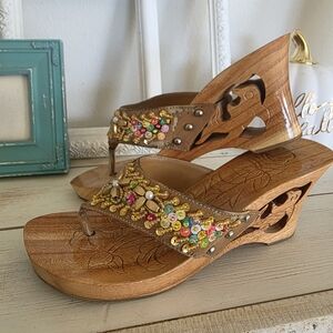 Embellished Wooden Wedge Sandals